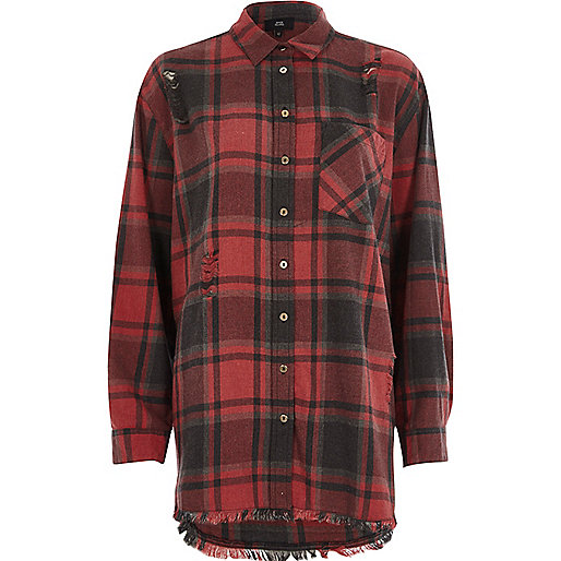 jacques-vertuk Red check oversized ripped hem shirt 704912 women Tops Shirts