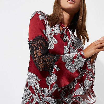 river island mini me,jacques-vertuk Shop Red floral print lace insert blouse women 705260