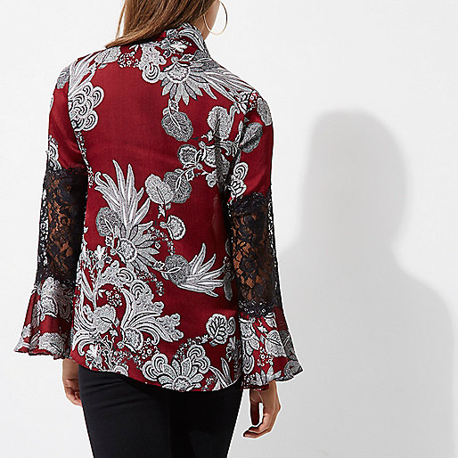 river island mini me,jacques-vertuk Shop Red floral print lace insert blouse women 705260