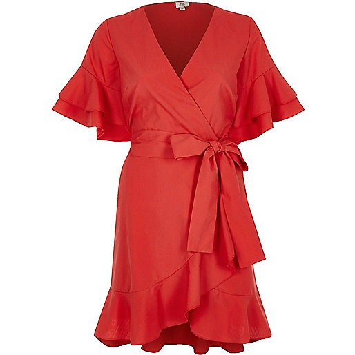 jacques-vertuk Red frill tie waist short sleeve tea dress 708228 women Dresses Skater Dresses