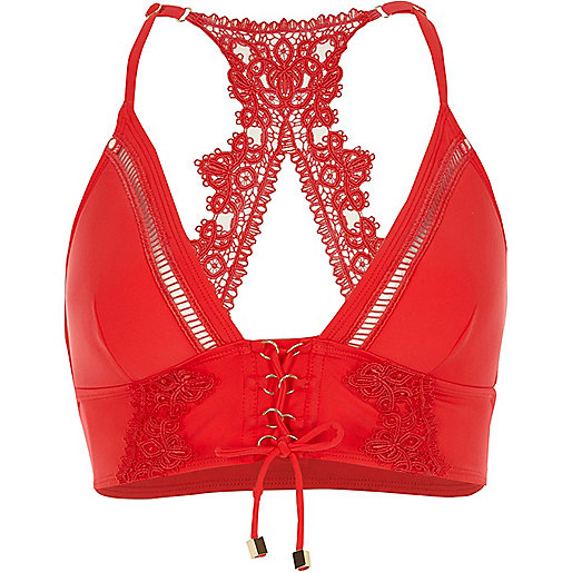 river island st davids,jacques-vertuk London Red lace back longline triangle bikini top women 704397