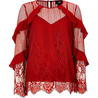 river island rose dress,Р?вер ?сланд Red lace frill sleeve top Blouses Tops women