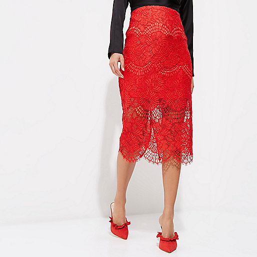 river island uk mens sale,Sale Tops jacques-vertuk Red lace scallop hem pencil skirt Midi Skirts Skirts women