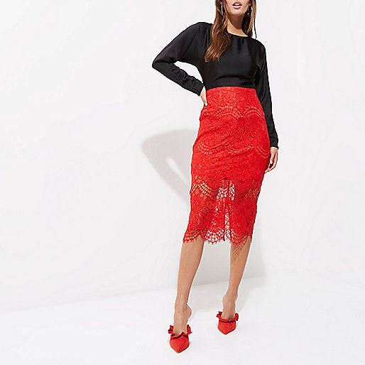 river island uk mens sale,Sale Tops jacques-vertuk Red lace scallop hem pencil skirt Midi Skirts Skirts women