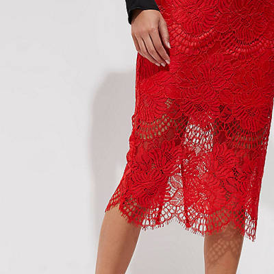 river island uk mens sale,Sale Tops jacques-vertuk Red lace scallop hem pencil skirt Midi Skirts Skirts women