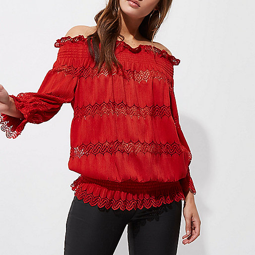 river island beige shoes,jacques-vertuk Ladies Tops Red lace shirred bardot top Bardot / Cold Shoulder Tops Tops women