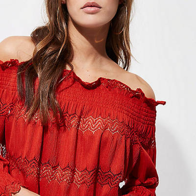 river island beige shoes,jacques-vertuk Ladies Tops Red lace shirred bardot top Bardot / Cold Shoulder Tops Tops women