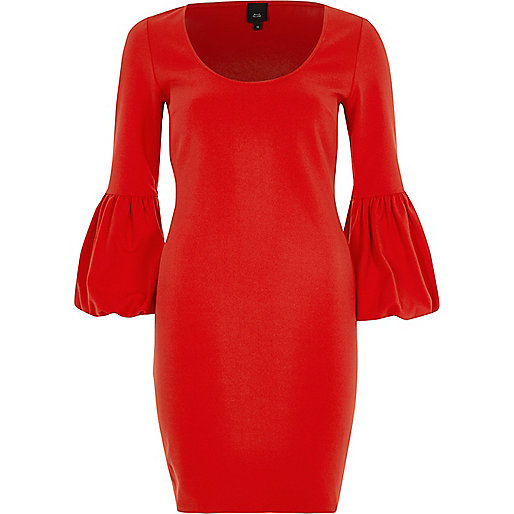 jacques-vertuk Red long balloon sleeve bodycon midi dress 706636 women Dresses Bodycon Dresses