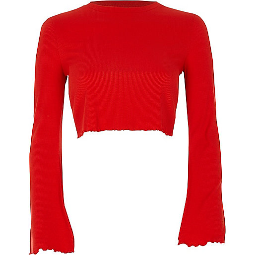 river island gifts,jacques-vertuk Outlet Red long bell sleeve ribbed crop top women 709710