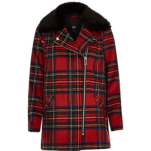 jacques-vertuk Red plaid check biker faux fur collar coat 701975 women Coats / Jackets Coats