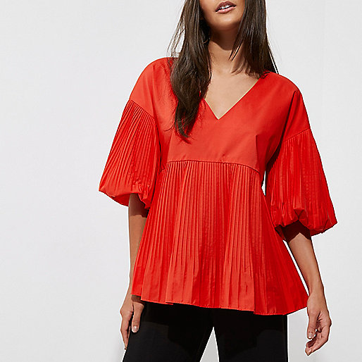 river island checked shirt,jacques-vertuk UK Red pleated V neck puff sleeve top women 705352