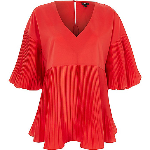 jacques-vertuk Red pleated V neck puff sleeve top 705352 women Tops Blouses