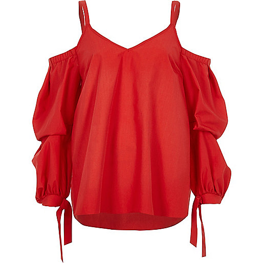 jacques-vertuk Red poplin cold shoulder tie cuff top 704547 women Seasonal Offers