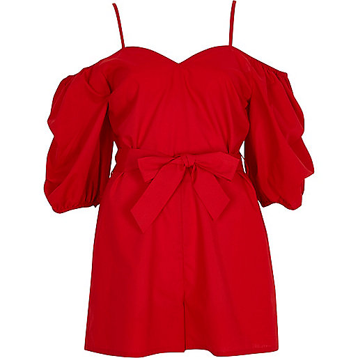 jacques-vertuk Red puff sleeve tie waist romper 707348 women Playsuits / Jumpsuits