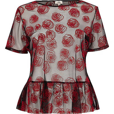 jacques-vertuk Red rose print mesh peplum T-shirt 705585 women Tops T-Shirts & Vests Print T-Shirts / Vests