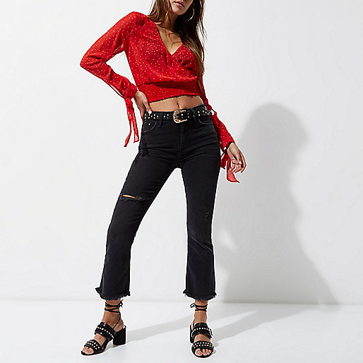 river island raffia bag,jacques-vertuk UK Sale Red spot wrap shirred hem crop top women 702333