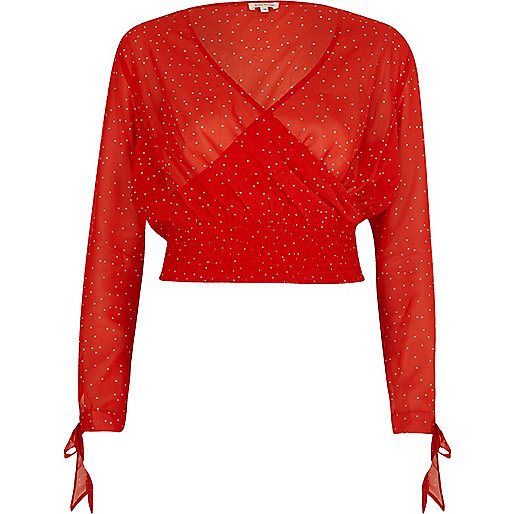 river island raffia bag,jacques-vertuk UK Sale Red spot wrap shirred hem crop top women 702333