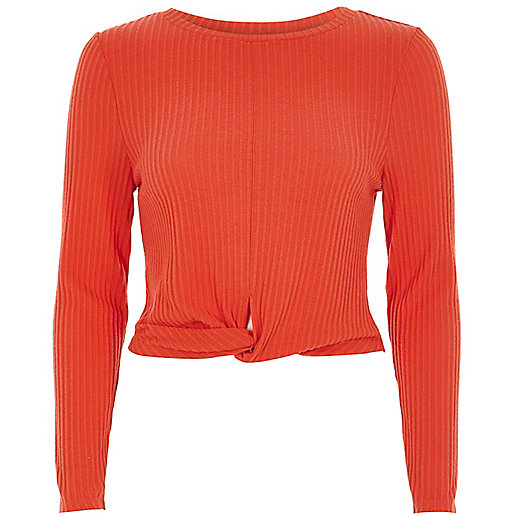 jacques-vertuk Red twist front long sleeve ribbed top 709419 women Tops Crop Tops / Bralets