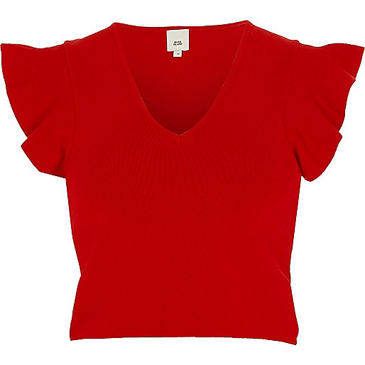 river island womens dressing gowns,jacques-vertuk Online Red V neck frill sleeve knit crop top women 708039