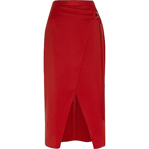 jacques-vertuk Red wrap front D-ring midi skirt 707845 women Skirts Midi Skirts