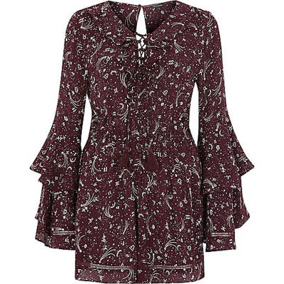 river island black dressing gown,jacques-vertuk Online Red zodiac print lace-up front romper women 703594