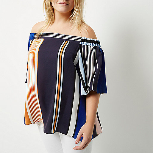 river island ladies wear,jacques-vertuk London RI Plus blue stripe bardot top women 691280