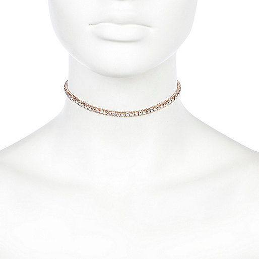 rose gold river island bag,River I9Sland Rose gold tone rhinestone encrusted choker Chokers Jewelry women