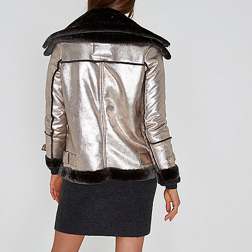 river island high low dress,4Iver Island Silver cracked coated metallic aviator jacket Jackets Coats / Jackets women