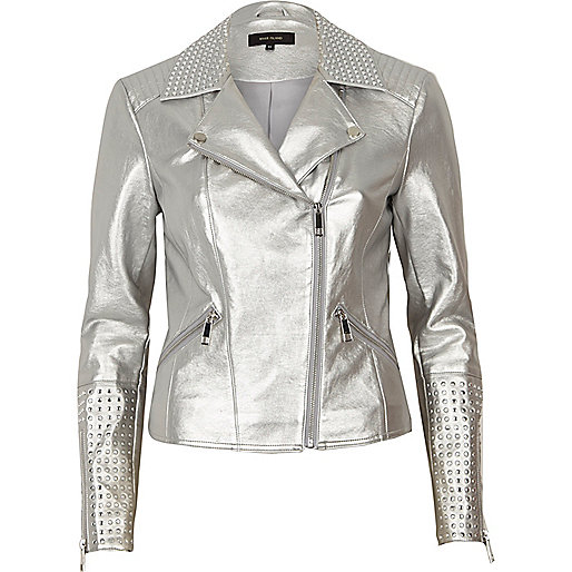 river island pink plisse dress,jacques-vertuk Online Silver faux leather studded biker jacket women 695668