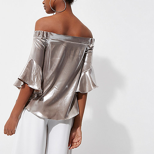 river island slim fit,Mens Jackets Uk jacques-vertuk Silver foil bardot bell sleeve top Tops Sale women