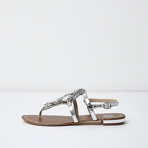 river island ladies sandals,jacques-vertuk Outlet Silver metallic embellished flat sandals women 698634