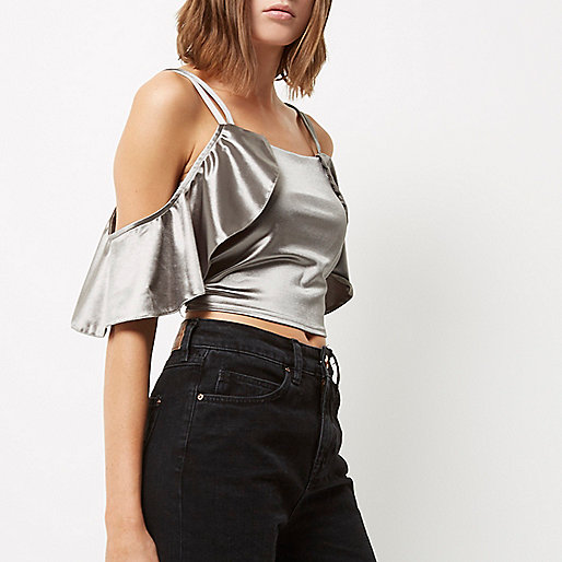 asos river island shoes,jacques-vertuk Ireland Silver satin frill cold shoulder crop top women 693245