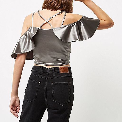 asos river island shoes,jacques-vertuk Ireland Silver satin frill cold shoulder crop top women 693245