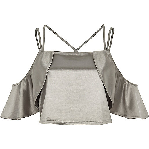 jacques-vertuk Silver satin frill cold shoulder crop top 693245 women Tops