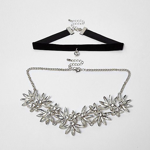 jacques-vertuk Silver tone floral rhinestone velvet choker set 703990 women Jewellery Necklaces