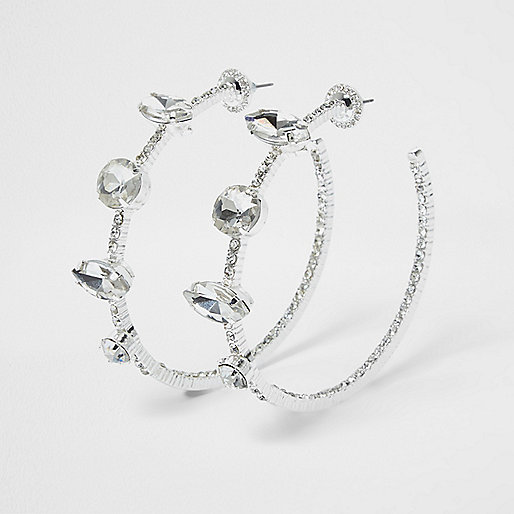 jacques-vertuk Silver tone rhinestone jewel hoop earrings 708439 women Jewellery Earrings