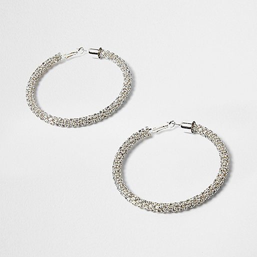 jacques-vertuk Silver tone rhinestone rope hoop earrings 701081 women Jewellery Earrings