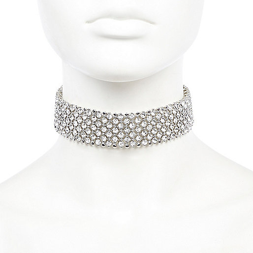 jacques-vertuk Silver tone wide rhinestone choker 689530 women Jewellery Chokers