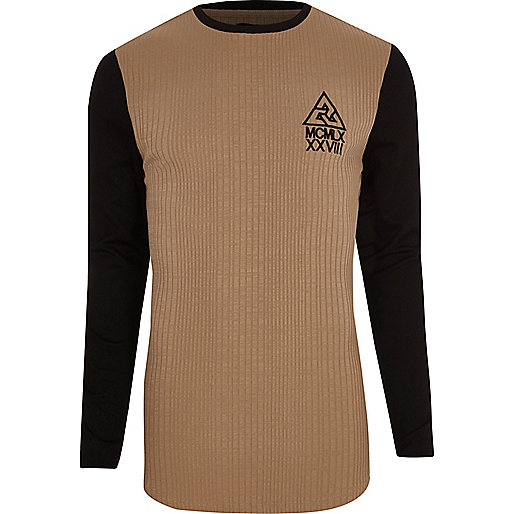 jacques-vertuk Tan contrast sleeve ribbed longline T-shirt 303268 men T-Shirts / Vests Long Sleeve T-Shirts