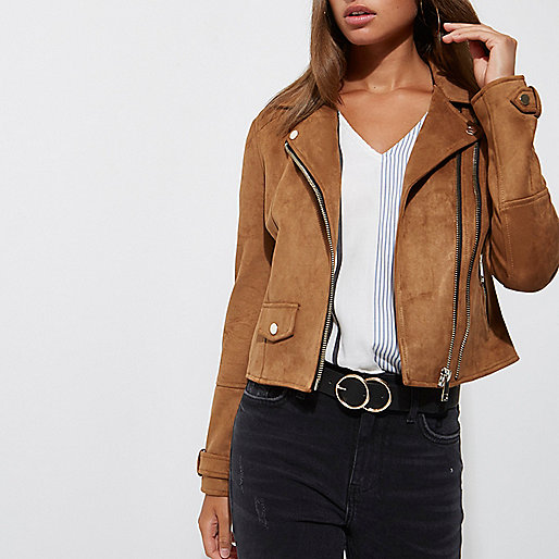 river island oversized jacket,jacques-vertuk Online Tan double zip faux suede biker jacket women 706733