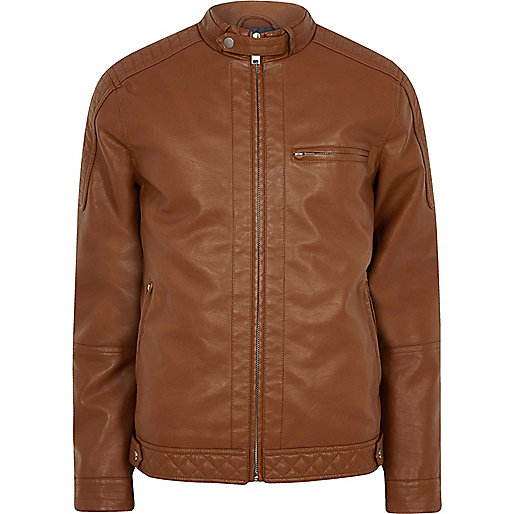 jacques-vertuk Tan faux leather racer jacket 302347 men Coats / Jackets Jackets