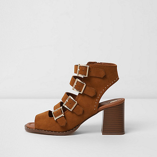 jacques-vertuk Tan multi buckle block heel sandals 703079 women Shoes / Boots Sandals