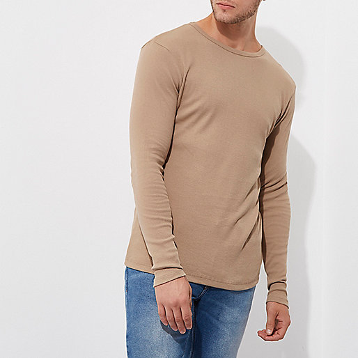 river island green top,jacques-vertuk Ie Bags Tan slim fit long sleeve rib T-shirt Long Sleeve T-Shirts T-Shirts / Tanks men