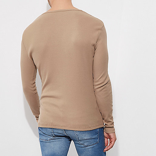 river island green top,jacques-vertuk Ie Bags Tan slim fit long sleeve rib T-shirt Long Sleeve T-Shirts T-Shirts / Tanks men