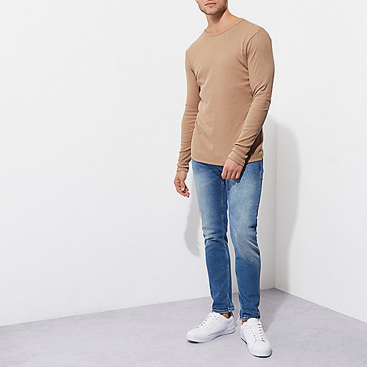 river island green top,jacques-vertuk Ie Bags Tan slim fit long sleeve rib T-shirt Long Sleeve T-Shirts T-Shirts / Tanks men