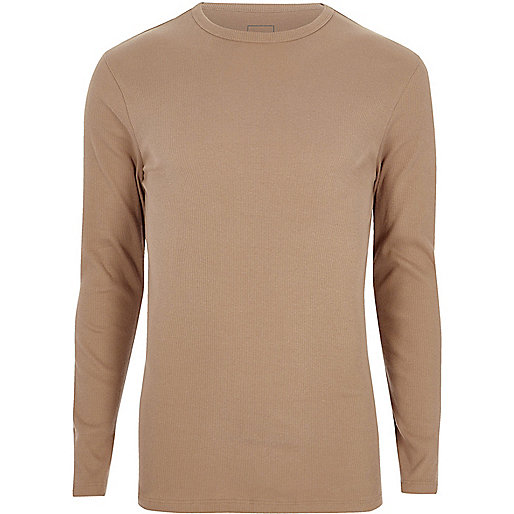 river island green top,jacques-vertuk Ie Bags Tan slim fit long sleeve rib T-shirt Long Sleeve T-Shirts T-Shirts / Tanks men