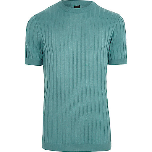 jacques-vertuk Teal green chunky ribbed muscle fit T-shirt 303418 men T-Shirts / Vests T-shirts