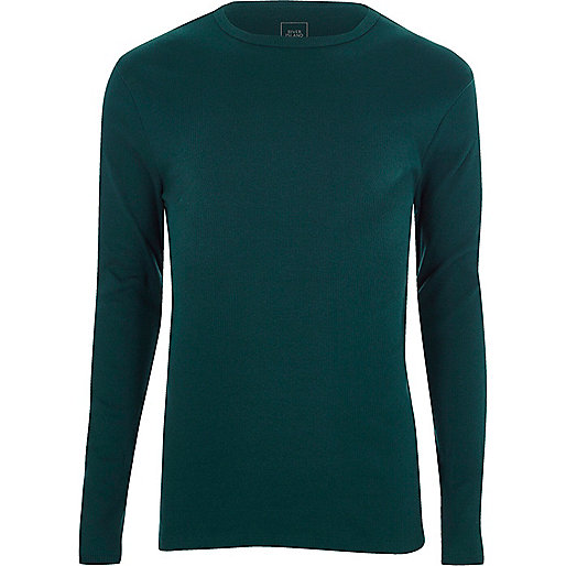 jacques-vertuk Teal green slim fit long sleeve rib T-shirt 302813 men T-Shirts / Vests Long Sleeve T-Shirts