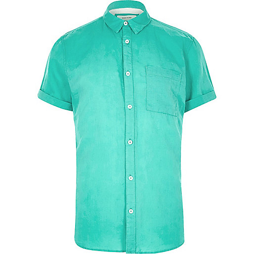 jacques-vertuk Turquoise linen-rich short sleeve shirt 296762 men Shirts