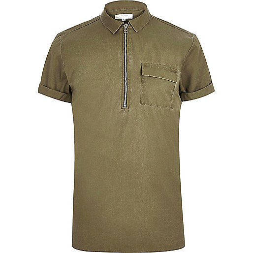 jacques-vertuk Washed green zip neck short sleeve top 293306 men Shirts